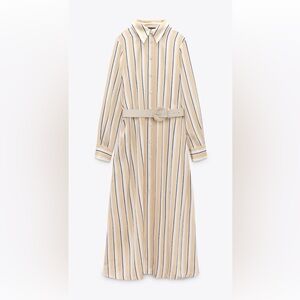 Zara Cream and Blue Long Sleeve Shirt Dress